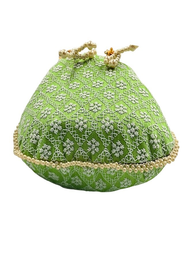 exotique Green Embroidered Potli Bag for Women | Designer Silk Potli with Beaded Handle & Tassels | 8"x0.7"x8.5", Strap Drop 4.5 | Wedding, Bridal & Festive Pouch |HW0021GR - Image 4